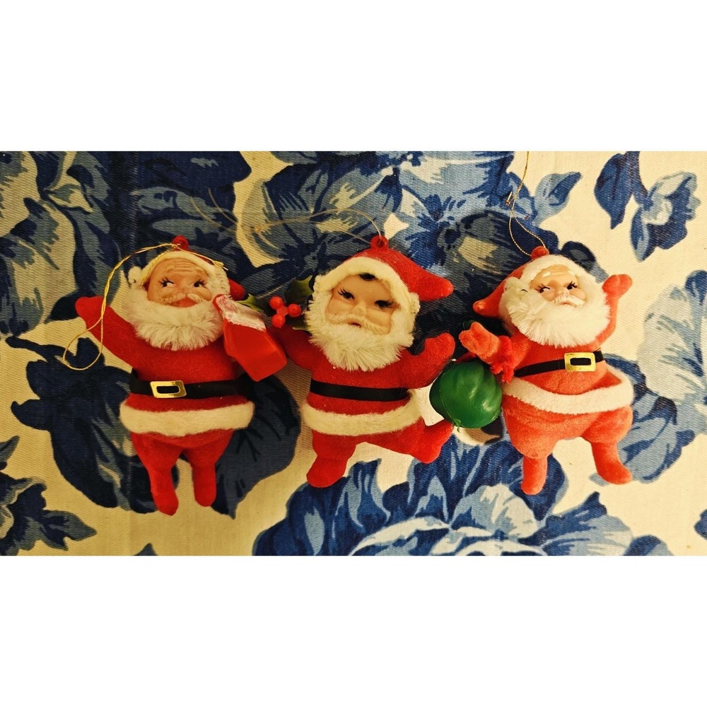 Lot Of Three Vintage MCM Flocked Dancing Santa Claus Ornaments